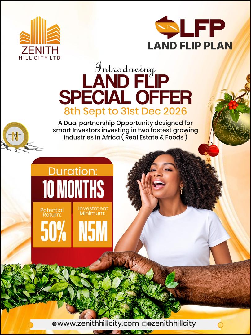 Land Flip Plan — investment tiers from N100,000 to N1,000,000,000 across 6, 12, 18, and 24 month durations